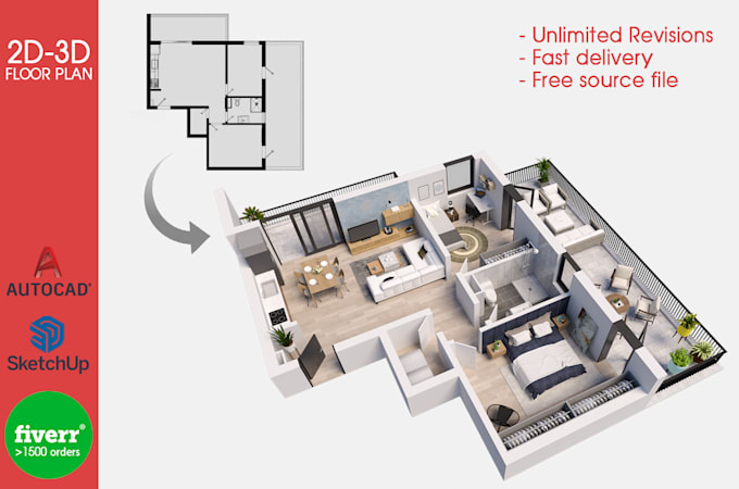 I will convert 2d to 3d floor plan in 8 hrs